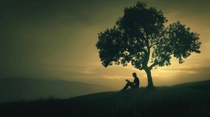 A solitary figure sitting beneath a tree, lost in thought with a book as their only companion, seeking wisdom in solitude.
