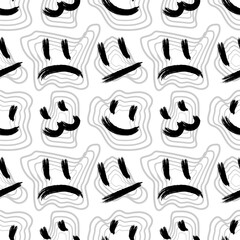 Emoticons sad, funny, poker face, cat in graffiti style, seamless pattern. Endless texture and print for packaging and wrapping. Shapes. Birthday, youthful, stylish, fashionable colors.Black and white