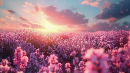 Purple Flowers in Field Under Cloudy Sky - obrazy, fototapety, plakaty