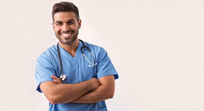Portrait of a friendly male doctor or nurse wearing blue scrubs uniform and stethoscope.