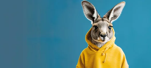  photo of cute kangaroo wearing yellow hoodie, blue background, banner with copy space area © nikolettamuhari