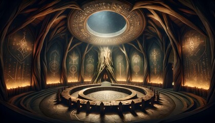 Mystical chamber with ancient symbols and magic artifacts under a glowing dome - obrazy, fototapety, plakaty