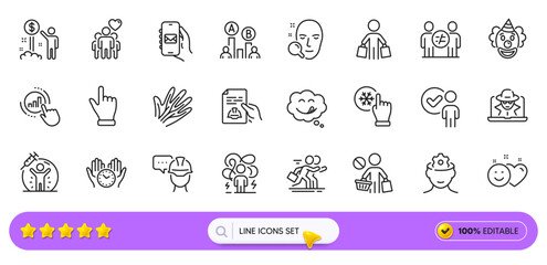 Fraud, Freezing click and Veins line icons for web app. Pack of Discrimination, Income money, Foreman pictogram icons. Ab testing, Smile, Face search signs. Technical documentation. Search bar. Vector