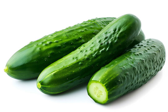 A close-up image showcasing four fresh, green cucumbers, one of which is sliced, isolated against a white background.