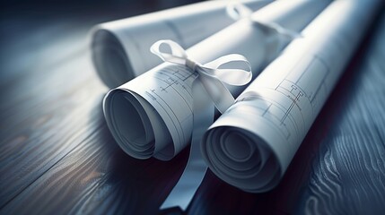 Fototapeta premium From Concept to Construction: Rolled Architectural Blueprints Tied with a Ribbon, Ready for Presentation