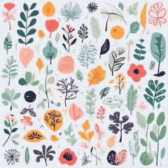 A collection of seamless pattern, colorful abstract plants and flowers. Hand drawn Collection of leaves and flowers. A close up of a pattern of flowers and leaves.
