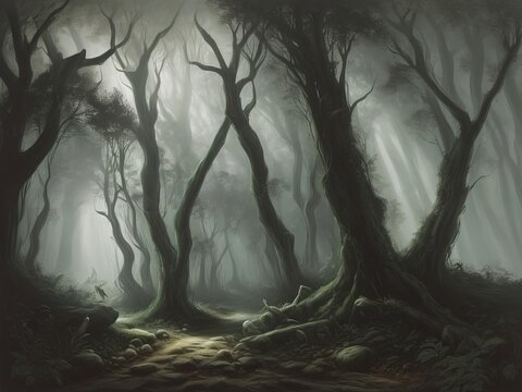Gloomy foggy forest