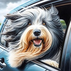 A happy Bearded Collie with fluffy fur is hanging its head out of a car window, enjoying the breeze - 766555013