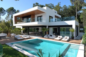 Fototapeta premium Stylish summer exterior concept with modern house and blue pool. Generative AI