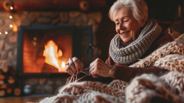 An image of a senior woman knitting a cozy blanket by the fireplace, finding comfort and relaxation in her craft creation and care, love and harmony, hobbies