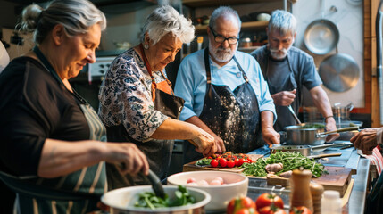 A photo of a group of retirees attending a cooking workshop, learning new recipes and culinary...