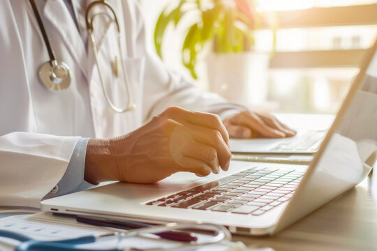 Doctor sitting at a desk, using a laptop computer in a medical office or clinic setting. With copy space.