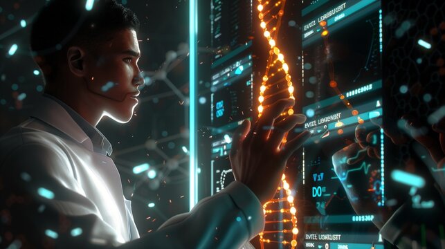 Futuristic Diagnostics: Physician Interacting with a 3D Virtual Display of Medical Records and DNA Analysis