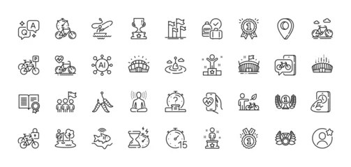 Fotobehang Diploma, Leadership and Timer line icons pack. AI, Question and Answer, Map pin icons. Reward, Cardio bike, Quiz web icon. Fitness, Winner, Success pictogram. Arena stadium, Yoga, Boat fishing. Vector © blankstock
