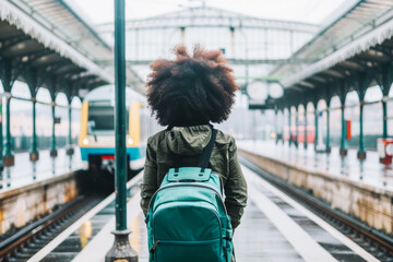 Afro haired woman with a backpack is standing on a train platform, looking towards the tracks, waiting for the arrival of her train.