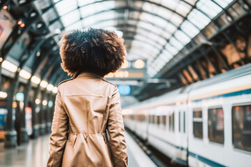 African American woman wearing a trench coat stands on a platform, looking expectantly down the tracks as she waits for a train to arrive.