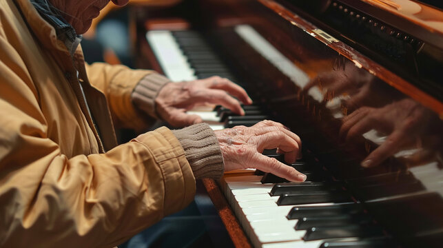 An image of a senior man playing the piano at a community concert, sharing his musical talents with the audience creation and care, love and harmony, hobbies