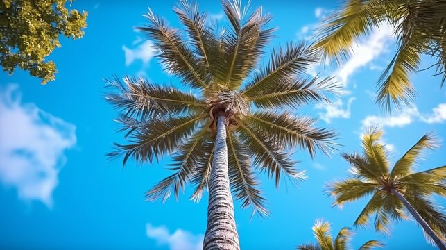 Coconut palm tree against blue sky with white clouds. Nature background