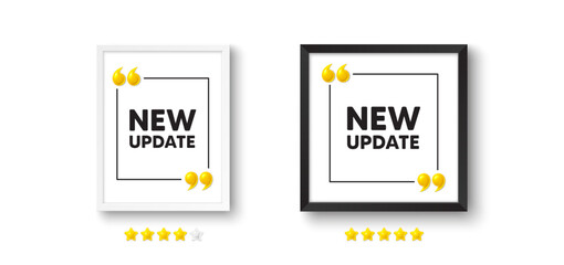 Photo frame with 3d quotation icon. New update icon. Special offer sign. Important information available symbol. New update chat message. Picture frame wall. 3d comma quotes. Vector