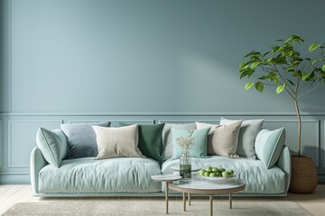 Interior design of modern apartment with bright sofa, table home plants and decoration. Interior mockup. Scandinavian interior design. Generative AI - obrazy, fototapety, plakaty