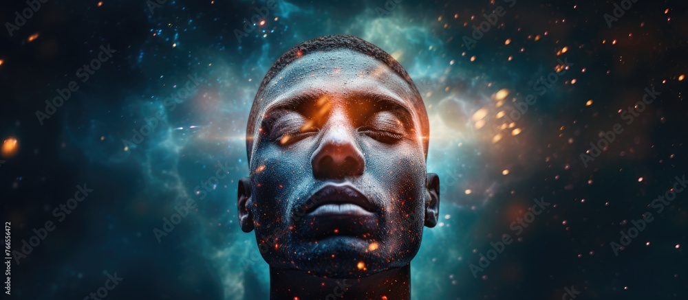 Poster a closeup of a mans head with his eyes closed in front of a starry sky, creating a mysterious and ca