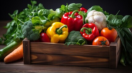 Fresh vegetables in a wooden box on a dark background. Selective focus.