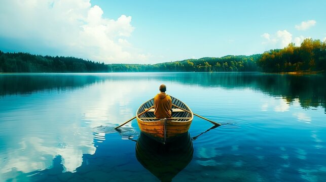 A man is floating in a boat on a calm lake