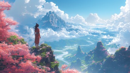 A solitary figure stands overlooking a majestic valley filled with blooming sakura trees, under a vast sky of fluffy clouds.