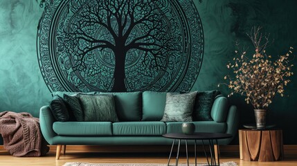 a mesmerizing tree mandala pattern on a serene, solid-colored wall background with a cozy sofa.