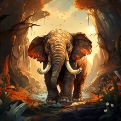 cute cartoon mammoth in the forest -