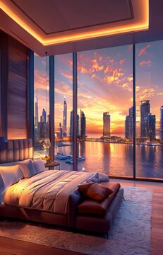 vertical slow motion video of luxury hotel Bedroom Interior with Panoramic Sunset View of Dubai Skyline