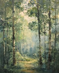 Envision a serene forest scene with gentle rustling leaves and a subtle whispering breeze , clean sharp