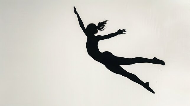 A mesmerizing silhouette of a gymnast captured mid-jump, their agility showcased against a background of pristine white.