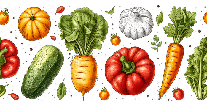 Watercolor painted hand-drawn collection vegetables and fruits. design elements: greenery, leaves, corn, wheat, tomato, potato, leaves, stalks, Broccoli, carrot, pepper, garlic transparent background