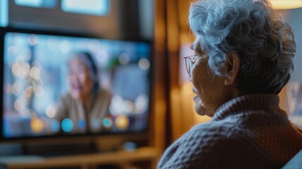 Senior woman from behind watching a video call. Indoor evening setting with screen illumination. Modern technology and elderly concept