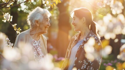 Senior woman and young lady smiling at each other in springtime garden. Backlit portrait with soft...