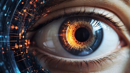 Modern woman's eye display Concept of cyberspace, science, background, technology, human vision, digital - obrazy, fototapety, plakaty
