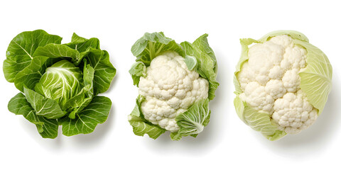 Collection of fresh cauliflowers with green leaves, isolated on a transparent background. PNG, cutout, or clipping path. - obrazy, fototapety, plakaty