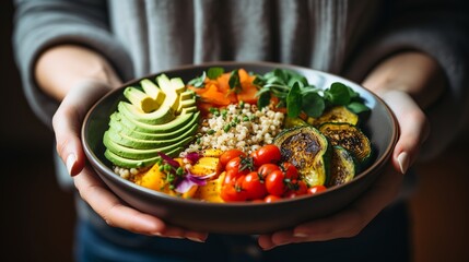 Woman holding bowl with healthy food, closeup. Dieting concept - obrazy, fototapety, plakaty