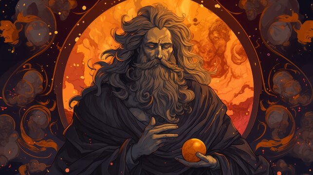 A man with long hair and a beard holding an orange ball. The man is surrounded by a circle of fire