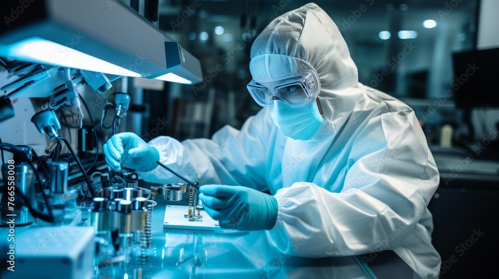 Poster a scientist in a lab coat is working on a project