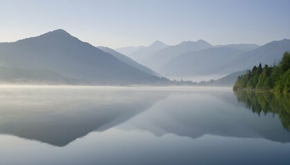 Tranquil Calm Lake With Misty Mountains In The Ba