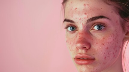 Close-up of a young woman with acne on a pink background. Skin health and acne treatment concept. High-resolution studio portrait for design and print