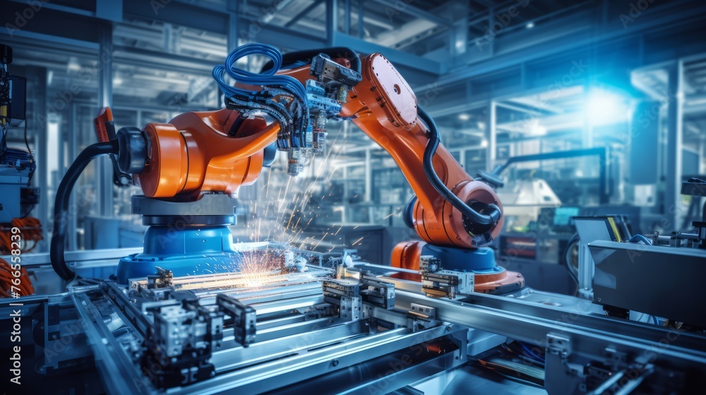Poster a robot is working in a factory, surrounded by other robots