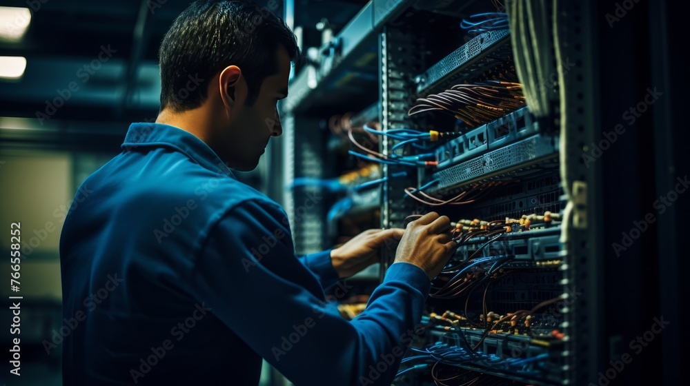 Poster a man is working on a computer network