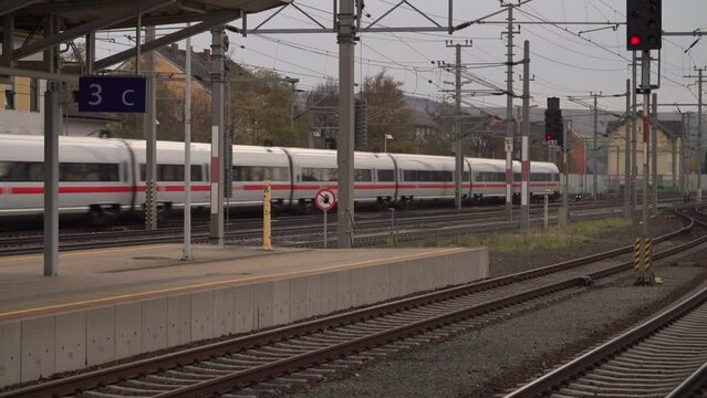 ICE high speed trains passing through station