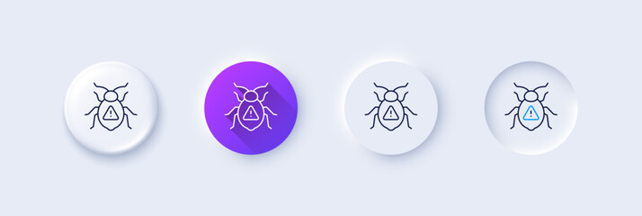 Software bug line icon. Neumorphic, Purple gradient, 3d pin buttons. Cyber attack sign. Computer virus symbol. Line icons. Neumorphic buttons with outline signs. Vector