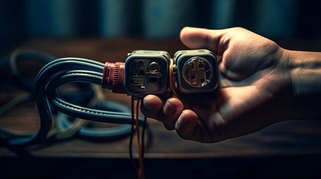 Electrical plug in the hands of a man close-up.