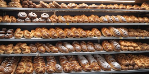 A Bakery Bounty. A variety of breads are displayed on wooden shelves in a bakery. The breads range...