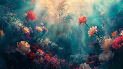 Underwater scene with flowers and light rays, aquatic garden concept. Digital fantasy illustration for poster, wallpaper, and greeting card design